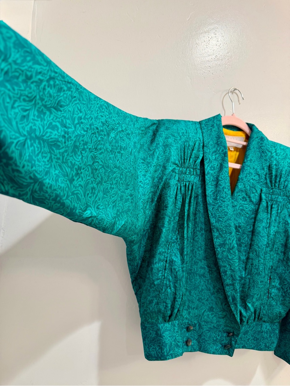 Vintage 80s Platinum by Dorothy Schoelen 100% Silk Teal Jacquard Crop Jacket S - Picture 8 of 14